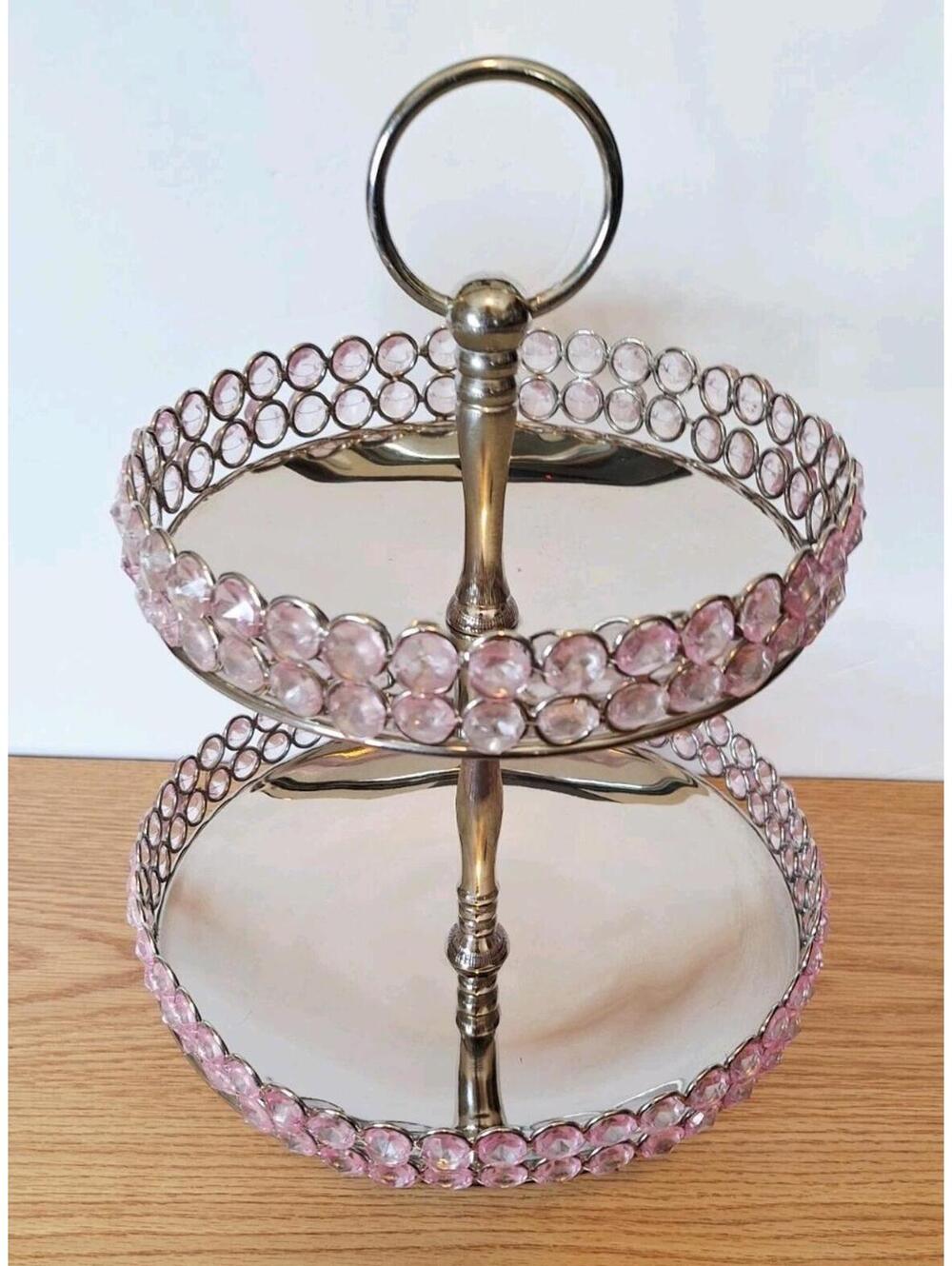 2-Tier Silver Metal Serving Stand Pink Faux Crystal Beads Dessert Jewelry Tower - Picture 2 of 16